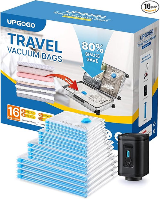 Combo 16 Pack Travel Vacuum Bags with Portable Electric Pump, Space Saver Vacuum Storage Bags for Clothing and Luggage, Travel Essentials-NeatNest