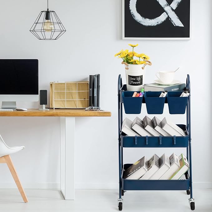 danpinera 3-Tier Rolling Cart, Metal Rolling Storage Cart with Lockable Wheels & Hanging Cups & Hooks, Mobile Trolley Cart for Kitchen, Bathroom, Office, Workshop, Dark Blue-NeatNest