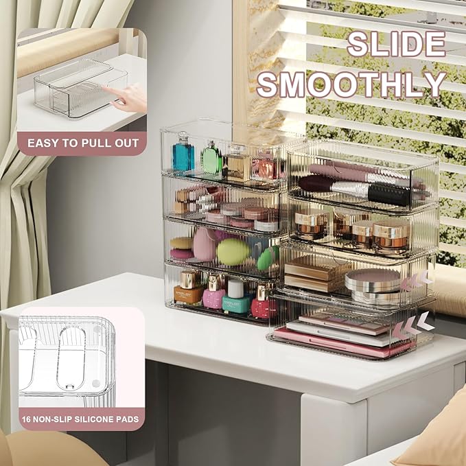 8-Pack Clear Stackable Storage Drawers with 16 Non-Slip Silicone Feet, Multi-Purpose Cosmetic & Home Organizers for Vanity, Office, Bathroom, Pantry, Easy-Pull Transparent Acrylic Storage Bins-NeatNest