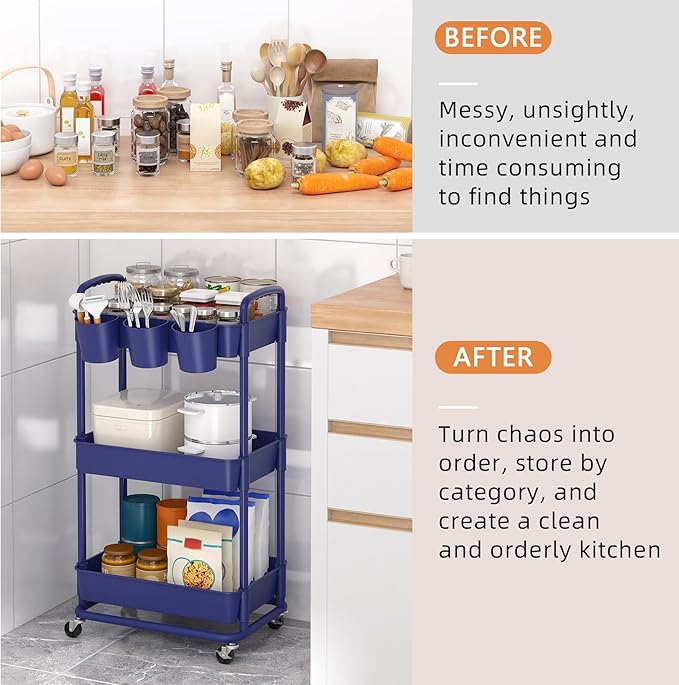 JIUYOTREE 3-Tier Plastic Rolling Storage Cart Utility Cart with Extra Hanging Cups Handles Lockable Wheels for Living Room Bathroom Kitchen Office Blue-NeatNest