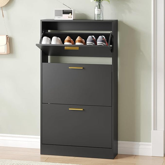 Shoe Cabinet with 3 Flip Drawers, Shoe Cabinet Storage for Entryway, Black Modern Shoe Organizer Wood, Freestanding Small Thin Shoe Racks with Doors, Black-NeatNest