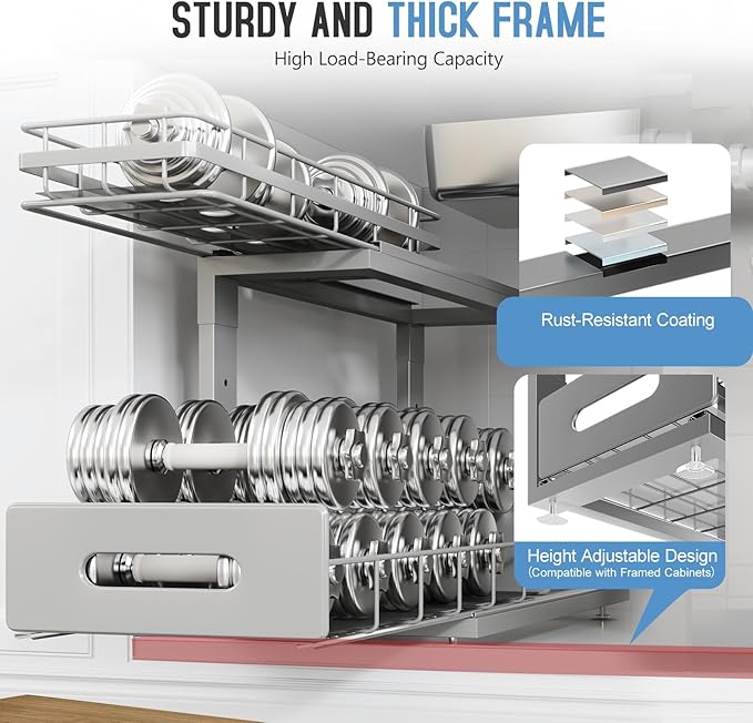 2 Pack 18 IN Depth Under Sink Organizer with Smooth Ball Bearing Slides,2-Tier Pull Out Cabinet Storage,Slide Out Drawers for Bathroom&Kitchen,Rust-resistant Coating,Height Adjustable-Gun Gray-NeatNest