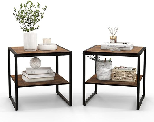 End Table Set of 2, Industrial 2-Tier Side Tables with Open Shelf, 20" Square Coffee Table with Heavy-Duty Metal Frame, Compact Tea Table Nightstand for Living Room, Bedroom, Hallway