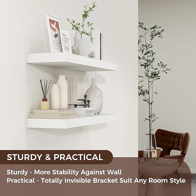 Floating Shelves for Wall, 36"W x 7.8"D x 1.5"H, 2 Pack of Long Wall Mounted Engineered Wood Shelves with Invisible Brackets for Living Room, Bedroom, Bathroom, Kitchen Decor and Storage, White-NeatNest