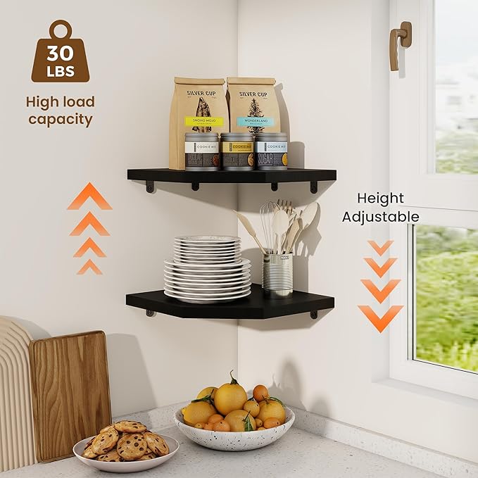 Fun Memories Corner Shelf Wall Mount Set of 2 - Solid Oak Wood Floating Corner Shelf with Cable Hole, 10in Rustic Design for Bedroom, Living Room, Kitchen (Black)-NeatNest