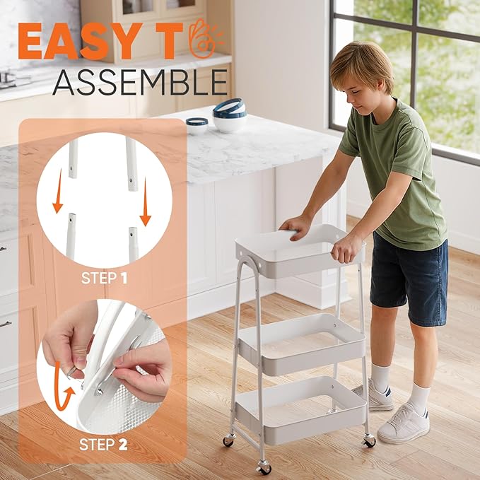 Sekey 3 Tier Rolling Cart Metal, Easy Install Utility Cart on Wheels, Hanging Cups & Hooks, Heavy Duty Storage Cart with Lockable Wheels for Baby Nursery, Bathroom, Kitchen, Laundry Room, White