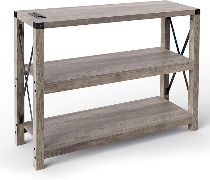47.2" Entryway Table with Outlets and USB Ports, Console Table with 3-Tier Open Storage Shelves, Wooden Sofa Table with Metal X-Shaped Design for Living Room/Couch/Hallway/Foyer (Wash Gray)-NeatNest