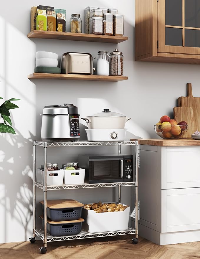 HealSmart 3-Tier Heavy Duty Storage Shelves 750Lb Capacity, 24.02" D x 13.78" W x 29.92" H Adjustable Shelving Unit with Wheels, Chrome-NeatNest