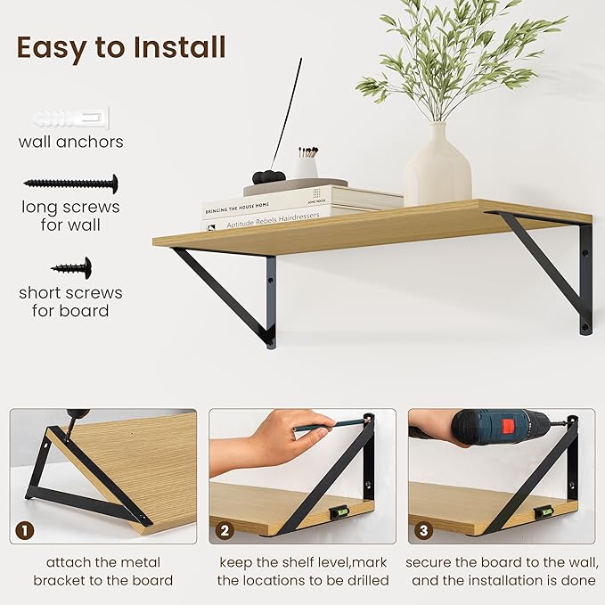 Fun Memories Deep Floating Shelves for Wall, 24W x 8D Wall Mounted Shelves Set of 2, Wide Display Ledge Shelf with Sturdy Metal Brackets for Living Room, Bathroom, Bedroom and Kitchen, Oak-NeatNest