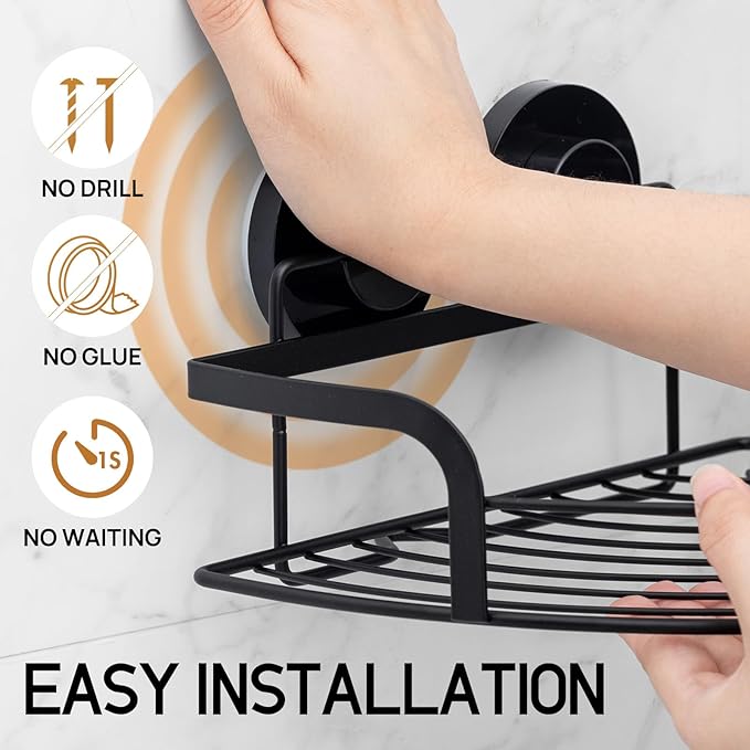 LEVERLOC 2 Pack Strong Suction Cup Corner Shower Caddy, Large Capacity Removable Bathroom Organizer, Stainless Steel Rustproof Shower Shelves with Hook, Drill-Free Wall Mounted Suction Basket, Black