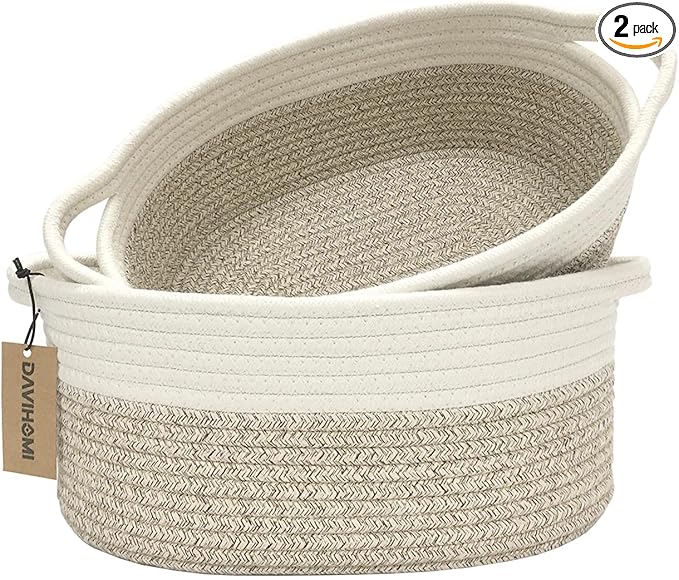2PACK Oval Cotton Rope Storage Baskets (White Brown) for Bedroom, Living Room, Laundry Room & More