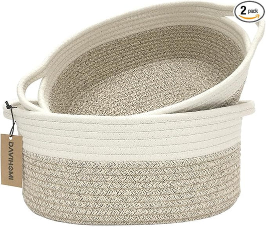 2PACK Oval Cotton Rope Storage Baskets (White Brown) for Bedroom, Living Room, Laundry Room & More