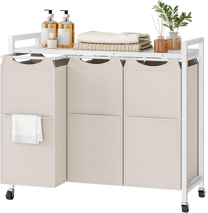HOOBRO Laundry Sorter 3 Section, Laundry Hamper with Wheels, 3 × 11.5 Gal (43.4L), Rolling Laundry Basket, Pull-Out and Removable Oxford Fabric Bags, White WG76XY01-NeatNest