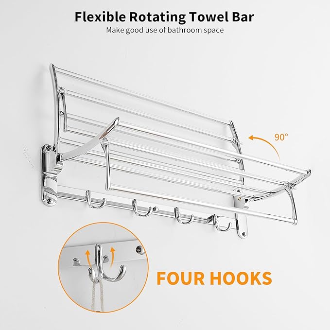 BESy 24 Inch Polished Chrome Towel Racks, Bathroom Towel Shelf with Foldable Towel Bar Holder and Towel Hooks, Wall Mounted Multifunctional Bathroom Accessories, Double Towel Bars-NeatNest