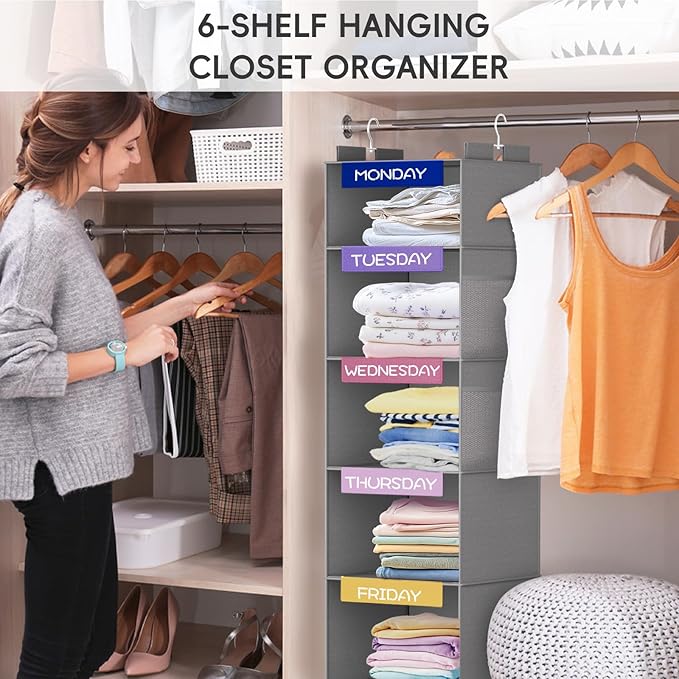 VERONLY Weekly Hanging Closet Organizer for Kids, 6-Shelf Clothes Storage with Labeled Days of The Week Monday Through Friday, Weekday and Weekend, Days of The Week Clothes Organizer-NeatNest
