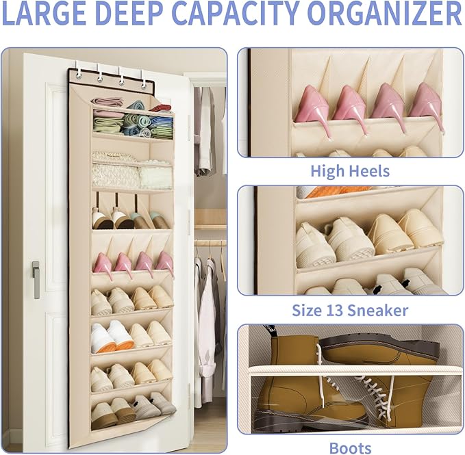 FENTEC 1 Pack Over The Door Shoe Organizer, 68" Exlarge Deep Pockets Hanging Shoe Organizers, 8-Tier Shoe Rack for Closet, Shoe Holder for Boots,Over Door Organizer in Home, RV, Dorm, Beige-NeatNest