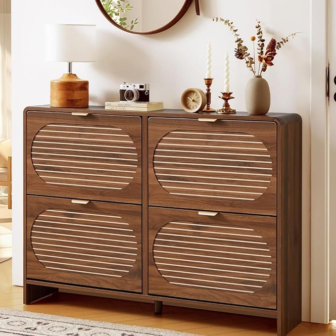 Curved Narrow Shoe Cabinet for Entryway with 4 Flip Drawers, Wooden Shoe Storage Cabinet with Stripe Panel, Freestanding Shoe Organizer Farmhouse Closed Shoe Rack for Hallway, Foyer(Walnut)-NeatNest