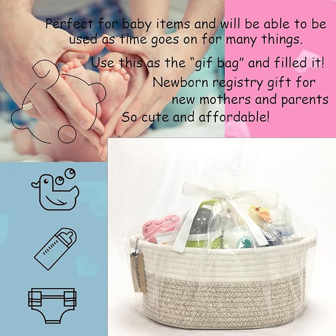 2PACK Oval Cotton Rope Storage Baskets (White Brown) for Bedroom, Living Room, Laundry Room & More
