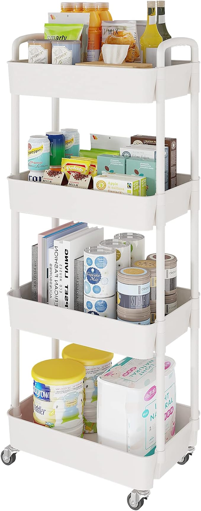 Laiensia 4-Tier Storage Cart,Multifunction Utility Rolling Cart Kitchen Storage Organizer,Mobile Shelving Unit Cart with Lockable Wheels for Bathroom,Laundry,Living Room,With Classified Stickers,White-NeatNest