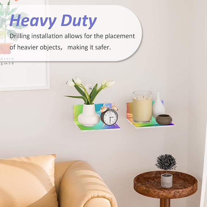 6 Inches Iridescent Acrylic Wall Shelves Set of 2, Wall Mounted Storage Display Shelves for Bedroom, Gaming Room, Living Room, Bathroom, Dining Room, Office, 2 Pack-NeatNest