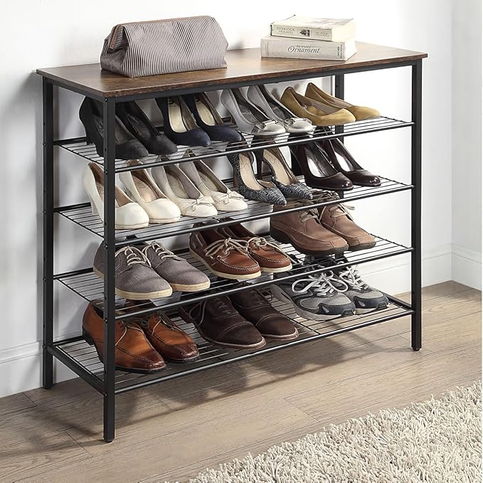 5-Tier Shoe Rack Organizer, Metal Mesh Shoe Storage Shelf, for Entryway, Hallway, Closet, Dorm Room, Industrial, Rustic Brown-NeatNest