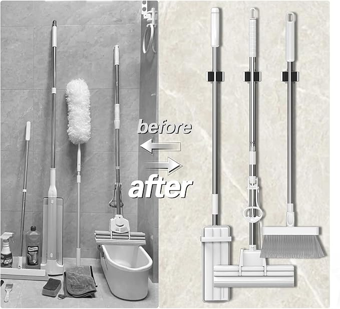 3-H Broom Hanger,Mop Holder Wall Mount 8 Pack, Broom Holder Wall Mount for Hanging and Organizing Shovel,Rake,Brush,Yard Tools in Kitchen,Laundry Room,Bathroom,House(black)
