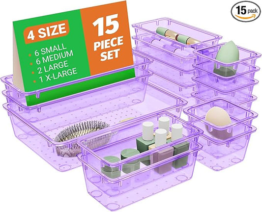 15 PCS Clear Plastic Drawer Organizer Set, 4-Size Acrylic Drawer Storage Trays, Storage Bins for Makeup, Gadgets, and Jewelry in Bathroom, Bedroom and Office, Clear Purple-NeatNest