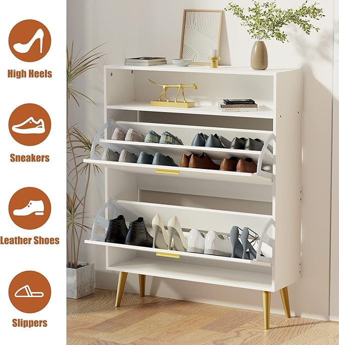 JOZZBY Shoe Cabinet for Entryway, White Narrow Shoe Storage Cabinet with 2 Flip Drawers, Freestanding Hidden Shoe Rack Storage with Open Shelves for Hallway, Living Room, Set of 2-NeatNest