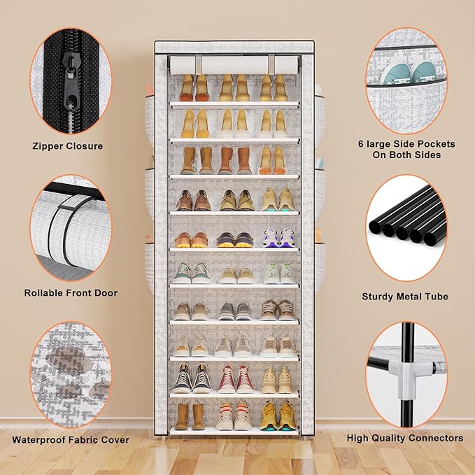 Shoes Rack 10 Tier Tall Shoe Rack with Storage Pockets, Fabric Covered Shoe Racks,Metal Shoes Rack Organizer for Closets,Bedroom, Garage-NeatNest