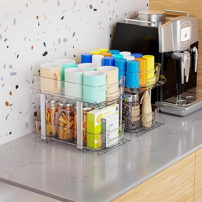 Yieach 2 Pack 2 Tier Under The Sink Organizer With Track,9.8 Inch Tall Bathroom Cabinet Organizer,Clear Under Sink Pull Out organizer for Kitchen,Vanity,Counter,Vanity,Medicine,Makeup,Hair Products-NeatNest