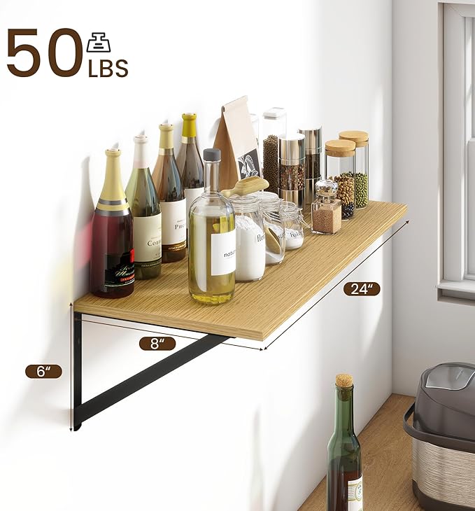 Fun Memories Deep Floating Shelves for Wall, 24W x 8D Wall Mounted Shelves Set of 2, Wide Display Ledge Shelf with Sturdy Metal Brackets for Living Room, Bathroom, Bedroom and Kitchen, Oak-NeatNest
