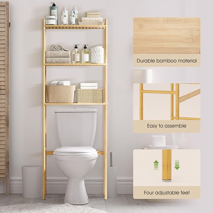 3 Tier Over The Toilet Organizer Rack Bamboo, Freestanding Bathroom Toilet Storage Shelf, Space Saving and Easy to Install, Adjustable Feet, Adjustable Bottom Rod