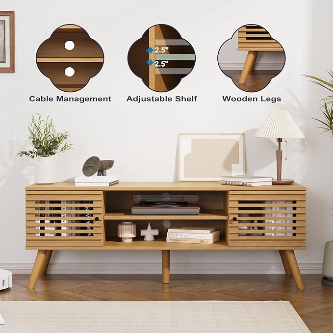 53" Mid Century Modern TV Stand for 50/55/60 inch TV, TV Media Console with Slatted Doors for TVs up to 60", Entertainment Center with Storage for Living Room, Bedroom, Oak-NeatNest