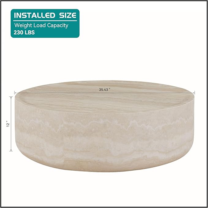 kevinplus ø35.4'' Round Stone Coffee Table for Living Room, Modern Drum Circle Faux Concrete Marble Coffee Table, Fiber Glass Material, No Assembly (Mars Texture, ø35.4'' x 11.8'')
