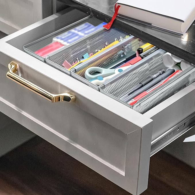 2PCS Drawer Organizer, Mesh Drawer Organizer with Interlocking Arm for Utensil, Cosmetic, Flatware, Pen (12 * 3 * 2 Inches, Grey)-NeatNest