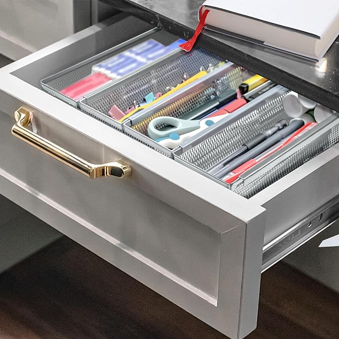 4PCS Drawer Organizer, Mesh Drawer Organizer with Interlocking Arm for Utensil, Cosmetic, Flatware, Pen (12 * 3 * 2 Inches, Grey)-NeatNest