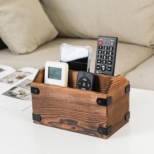 Brown Torched Wood Remote Control Organizer Burnt Wooden Tabletop Storage Caddy Two Compartment Holder TV Game Consoles Cell Phone Kitchen Utensils Office Supplies Living Room Home Bedroom-NeatNest