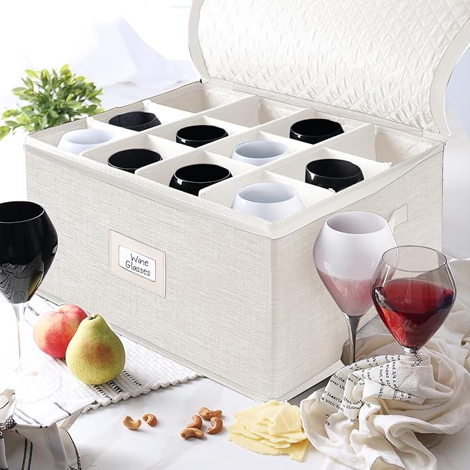 Hearth & Harbor Wine Glass Storage Box with Dividers, Quilted and Stackable Stemware Storage Cases, Service of 12 Glass China Container Hard Shell for Moving and Organization, Cream-NeatNest