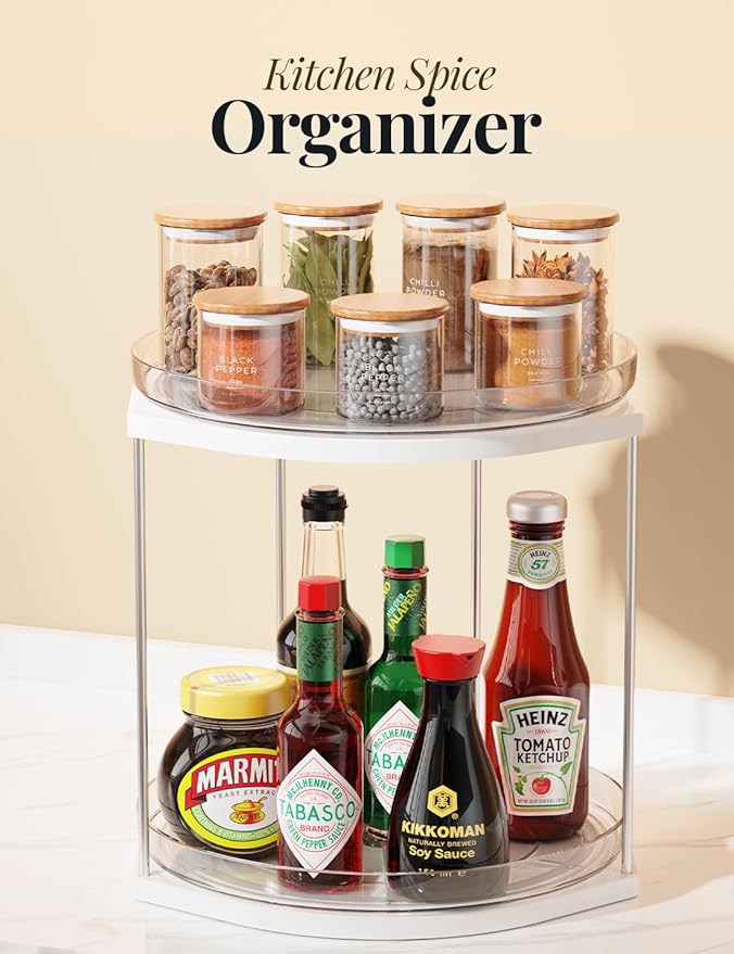 2 Pack 2 Tier Lazy Susan Turntable Organizer – 9.05” Rotating Spice Rack Organizer for Cabinet, Pantry, Tabletop & Counter – Clear Acrylic Lazy Susan for Kitchen, Bathroom & Vanity