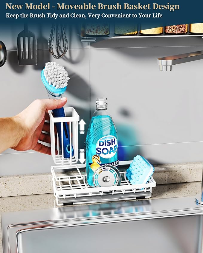 Consumest Sponge Holder for Kitchen Sink - Sink Caddy Organizer with Removable Drip Tray for Countertop Dish Soap Dispenser Brush Storage Kitchen Accessories 304 Stainless Steel, White-NeatNest