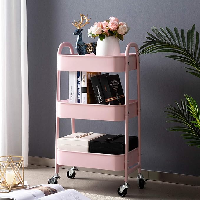 AGTEK Makeup Cart, Movable Rolling Organizer Cart, 3 Tier Metal Utility Cart Pink-NeatNest