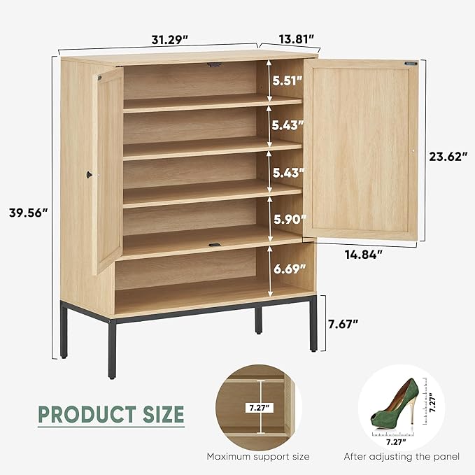 Yechen Natural Rattan Shoe Cabinet, 5-Tier Shoe Rack Storage Organizer with Doors, Metal Legs, Entryway Shoe Cabinet for Modern Heels, Boots, Entrance Hallway (1 Piece, Natural)-NeatNest
