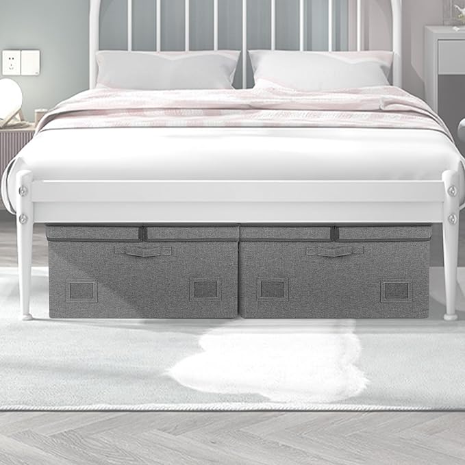 75 Quarts Extra Large Decorative Storage Bins with Lids, 3 Packs Gray Collapsible Storage Bins with Lids, Stackable Storage Bins Decorative Box Storage With Lid Extra Large-NeatNest