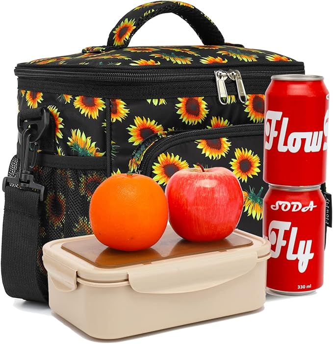 FlowFly Insulated Reusable Lunch Bag Adult Large Lunch Box for Women and Men with Adjustable Shoulder Strap,Front Zipper Pocket and Dual Large Mesh Side Pockets,Sunflower-NeatNest