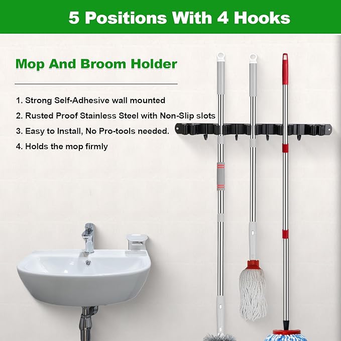 voze [2 Pack] 5 Racks and 4 Hooks Mop and Broom Holder Wall Mount, Self Adhesive Heavy Duty Broom Organizer Storage Tool Racks for Kitchen Garden Laundry Garage Black-NeatNest