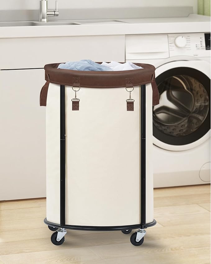 STORAGE MANIAC Rolling Laundry Hamper with Wheels 110L Laundry Basket, Round Laundry Cart with Metal Frame and Removable Bag, Clothes Hamper for Bedroom, Bathroom, Dorm Room, Laundry Room, Beige