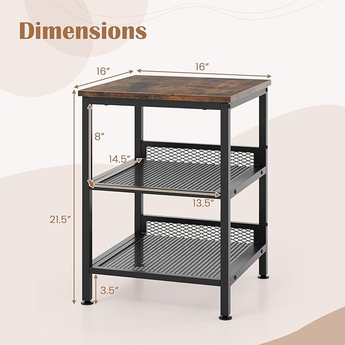 Giantex 3-Tier End Table Set of 2, Industrial Telephone Table with 2 Mesh Storage Shelves, Metal Frame, 16 Inch Square Sofa Side Table Nightstand for Living Room, Bedroom, Small Space, Rustic Brown
