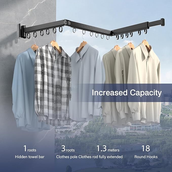 Clothes Drying Rack, Wall Mounted Clothes Hanger Rack Collapsible(Tri-Fold), Space Saver Clothes Rack for Laundry Balcony Mudroom Bedroom,Black