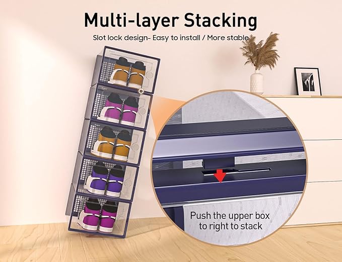 Kuject X-Large Shoe Storage Boxes Organizers Clear Plastic Stackable 12 Pack, Shoe Rack & Holder Substitute, Sneaker Containers, Toy Storage Organizer Bins for Entryway, Closet, Under Bed, Blue-NeatNest