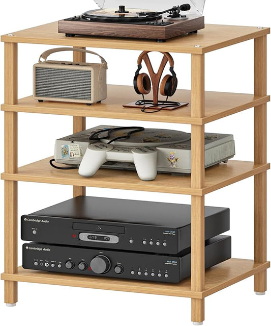 4-Tier AV Media Player Stand, Natural Stereo Cabinet, Modern Audio Shelf, Wooden TV Stand,Game Console Shelf, Multifunctional Entertainment Center, Suitable for Home, Conference Room, Game Studio-NeatNest